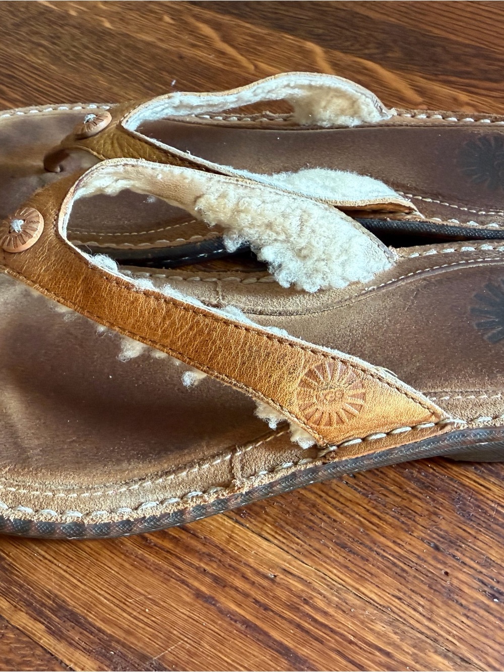 UGG Chestnut Brown Leather Shearling Flip Flop Sandals